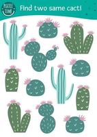 Find two same cacti. Tropical matching activity for preschool children. Funny game for kids with cactus. Logical attention printable worksheet. Quiz with cute prickly desert plants vector