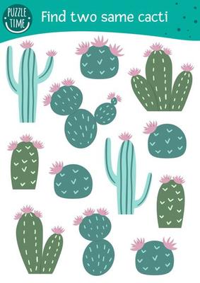 Find two same cacti. Tropical matching activity for preschool children. Funny game for kids with cactus. Logical attention printable worksheet. Quiz with cute prickly desert plants