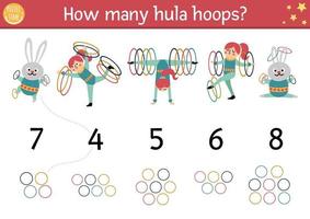 Match the numbers circus game with cute gymnasts and hula hoops. Amusement show math activity for preschool kids. Festival printable counting worksheet with funny rabbit and acrobat girl vector