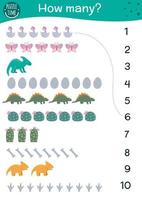 Dinosaur counting game. Math activity for preschool children with dinos. How many objects printable worksheet. Educational prehistoric riddle with numbers. vector