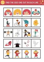 Find the odd one out. Circus logical activity for children. Amusement show educational quiz worksheet for kids for attention skills. Simple printable game with cute characters and objects vector