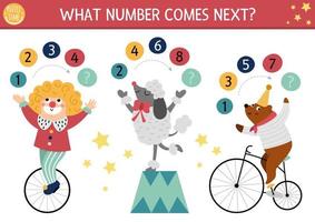 What number comes next. Continue the row game with numerals and cute circus artists. Amusement show logical math activity for preschool kids with clown, poodle, bear on bike vector