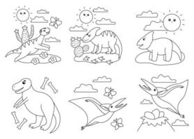 Black and white scenes set with cute dinosaurs. Illustration with dinos playing, flying, running. Funny prehistoric reptiles illustration or coloring page for children vector