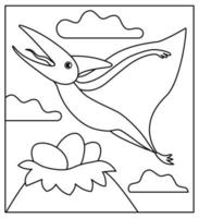 Black and white Pterodactyl dino flying among the clouds to nest with eggs. Summer scene outline illustration with cute dinosaur. Funny prehistoric reptiles coloring page for children vector