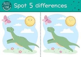 Prehistoric find differences game for children. Jurassic period educational activity with funny dinosaur. Printable worksheet with dino running for butterfly. Cute ancient animal puzzle for kids vector