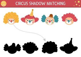 Circus shadow matching activity with cute clown faces. Amusement show puzzle with funny characters. Find correct silhouette printable worksheet or game. Entertainment festival page for kids vector