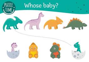 Dinosaur matching activity with cute characters. Prehistoric puzzle with Stegosaurus, Diplodocus. Match mother and child printable worksheet or game. Whose baby dino worksheet vector