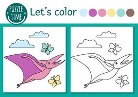 Prehistoric coloring page for children. Cute funny scene with pterodactyl, nest with eggs, clouds. Vector Jurassic period outline illustration. Dino color book for kids with colored example