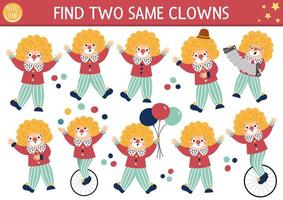 Find two same clowns. Circus matching activity for children. Amusement show educational quiz worksheet for kids for attention skills. Simple entertainment festival printable game vector