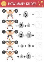 Circus how many kilos game with funny athlete, weight, dumbbells. Amusement show math addition activity for preschool children. Printable simple festival counting worksheet for kids vector