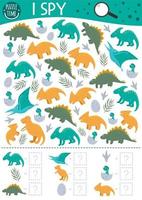 Dinosaur I spy game for kids. Searching and counting prehistoric activity for preschool children with dinos, eggs, footprints. Funny printable worksheet. Simple seek and find puzzle vector
