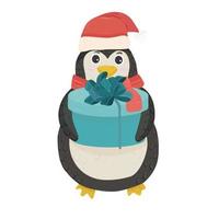 Christmas penguin with holiday attributes and present. vector