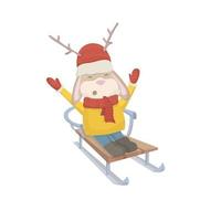 A Christmas baby rabbit in New Year's clothes rides a sleigh ride vector