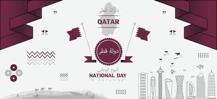 banner de estilo moderno del reino de qatar con día nacional, edificios famosos, mapa geométrico, desiertos e ilustración de vector de concepto de estilo tradicional.