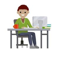 Man sitting at table with computer and monitor. Cup of coffee and books. Programmer at work at home. Hobbies and entertainment on Internet. Cartoon flat illustration. Freelance typing message vector