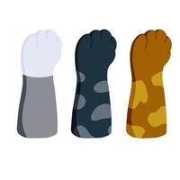 Set of different paw. Cat hands of different colors. Collection of breeds of Pets. Spots and stripes. Cartoon flat illustration. White, black, red, grey animal with fur vector