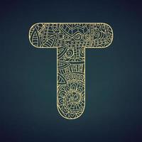 Letter T in doodle style, mandala. Alphabet in the golden style, vector illustration for coloring page