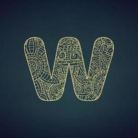 Letter W in doodle style, mandala. Alphabet in the golden style, vector illustration for coloring page