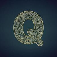 Letter Q in doodle style, mandala. Alphabet in the golden style, vector illustration for coloring page