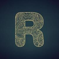 Letter R in doodle style, mandala. Alphabet in the golden style, vector illustration for coloring page