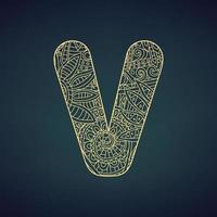 Letter V in doodle style, mandala. Alphabet in the golden style, vector illustration for coloring page