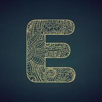 Letter E in doodle style, mandala. Alphabet in the golden style, vector illustration for coloring page