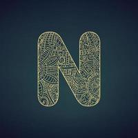 Letter N in doodle style, mandala. Alphabet in the golden style, vector illustration for coloring page