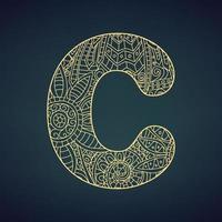 Letter C in doodle style, mandala. Alphabet in the golden style, vector illustration for coloring page