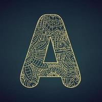 Letter A in doodle style, mandala. Alphabet in the golden style, vector illustration for coloring page,