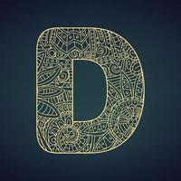 Letter D in doodle style, mandala. Alphabet in the golden style, vector illustration for coloring page