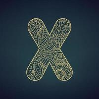 Letter X in doodle style, mandala. Alphabet in the golden style, vector illustration for coloring page