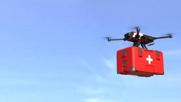 Drone with first aid kit on blue sky, Emergency medical care concept video