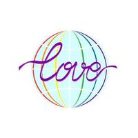 Word Love written with purple ribbon, on the background of a globe with rainbow colors. Graphics for prints vector