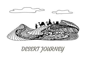 viaje por el desierto, camellos y camelleros caminando sobre el paisaje de dunas de arena. Arte conceptual de zentangle elegante y ornamentado, diseño horizontal en blanco y negro para impresiones vector