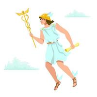 Hermes, Mercury, Greek Olympian deity of merchants, commerce, sly divine trickster. Agile messenger, smiling handsome young man in white tunic, helmet, winged sandals, with scroll and golden caduceus vector