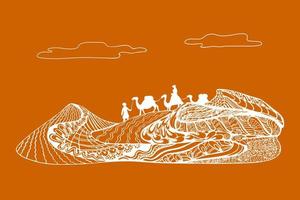 viaje de dunas de arena en camellos. diseño de arte enredado, arte conceptual de viaje por el desierto vector