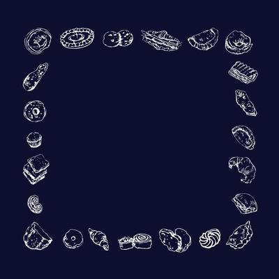 Frame of bakery items, bread, pastry, snacks. Collection of isolated outlines of bakery goods. Design elements, line art of various baked items, chalk on blackboard