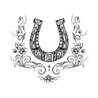 Ornate horseshoe talisman with romantic flowers and flourishes around, sketchy ink vignette, hand drawn design element. Isolated grungy tattoo, tangle style symbol of luck for prints, web vector