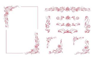 Rectangular floral frame, romantic rose border template with flourishes. Elegant hand-drawn decorative elements, foliage and blossom. Set of editable vignettes on white background for prints vector