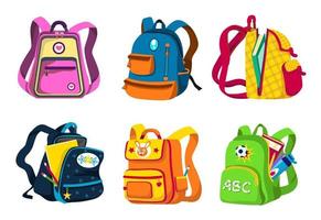 School and preschool backpacks for children, various colors, angles front, side view, open and closed. Colorful rucksacks with textbooks, notebooks, pencils, bottles. Cartoon set vector