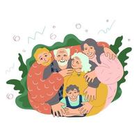 Happy family together, young parents, grandparents, little boy. Europeans, caucasians smiling. Parenthood, love, bond, generations of elderly and young people hugging. Doodle style illustration