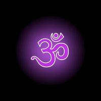 Aum symbol on black background with purple gradient shining halo. Colors of space and seventh Sahasrara chakra. Ancient emblem and mantra, initial divine sound of world essence vector