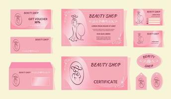 Visual brand identity, corporate style. Beauty parlor, fashion boutique design template set. Outline of lady with mirror. Flourishes. Pink templates of voucher, certificate, envelope, sticker, card vector