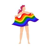 persona rizada de género neutral no binario transgénero, cabeza roja levantada con orgullo, cabello largo, pantalones cortos rasgados, sosteniendo una bandera lgbt ondeando, sobre fondo blanco vector