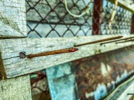 texture, background. natural, processed wood. the texture of the logs, the trees are behind a metal mesh. an old, rusty nail sticks out of the board photo