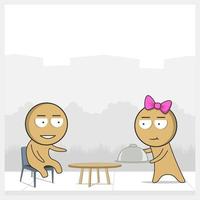 A man sits at a table, a girl prepares food vector