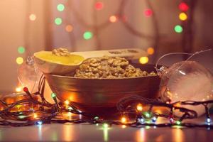 Christmas kutia from wheat, raisins and nuts, selective focus photo
