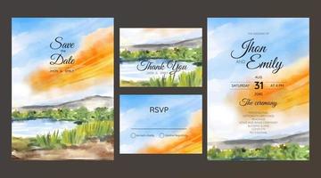 Wedding invitation with reflection of pine trees and mountain in lake watercolor vector