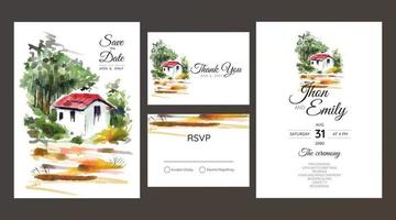 wedding invitation, watercolor small house in the village vector