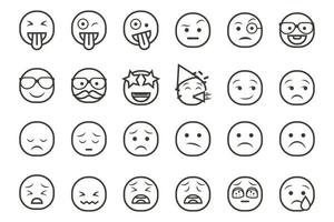 conjunto de iconos de emoticonos sonrientes. emoji de dibujos animados con sonrisa, emoción triste, feliz y plana en estilo de arte lineal vector